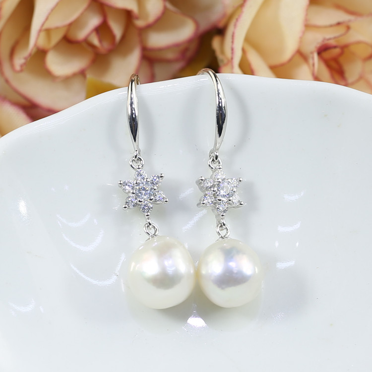 snowflake Christmas natural pearl earring jewelry gift 10-11mm new designer large size S925 silver wholesale price hook earrings