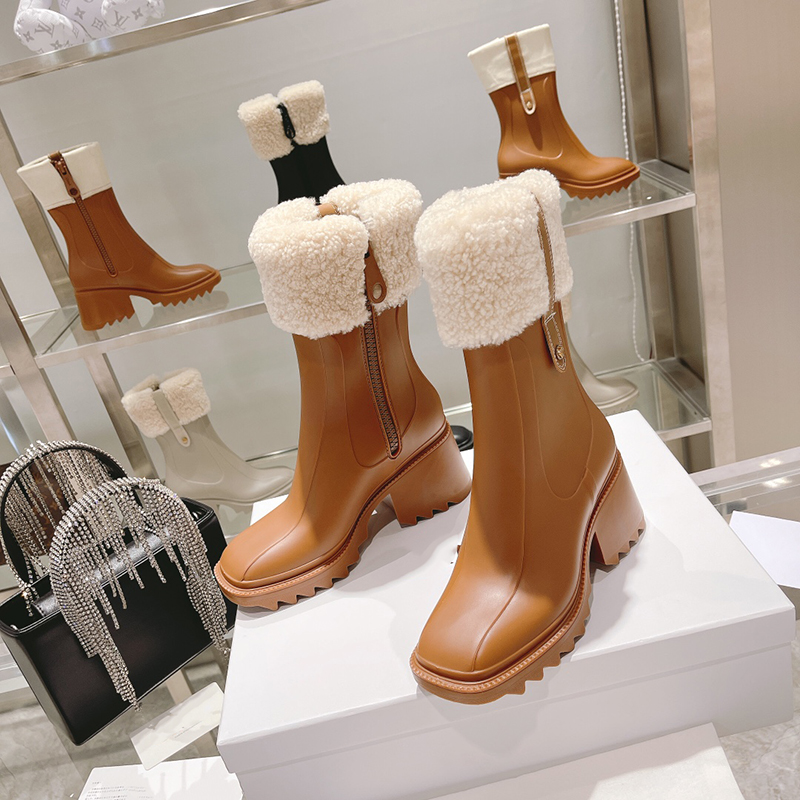 Halbe Regenstiefel, Designer-Damen, klobige Absätze, Ritterstiefel, modische quadratische Zehen, weiches Leder, wasserdicht, für den Winter, luxuriöser Schuh für den Außenbereich