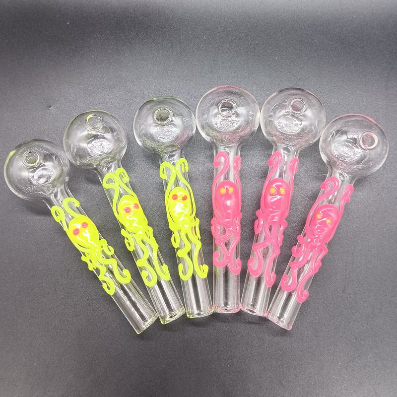 Pink Yellow Glass Smoking Pipes with Luminous Octopus Oil Burner Dab Rigs Tobacco Accessories