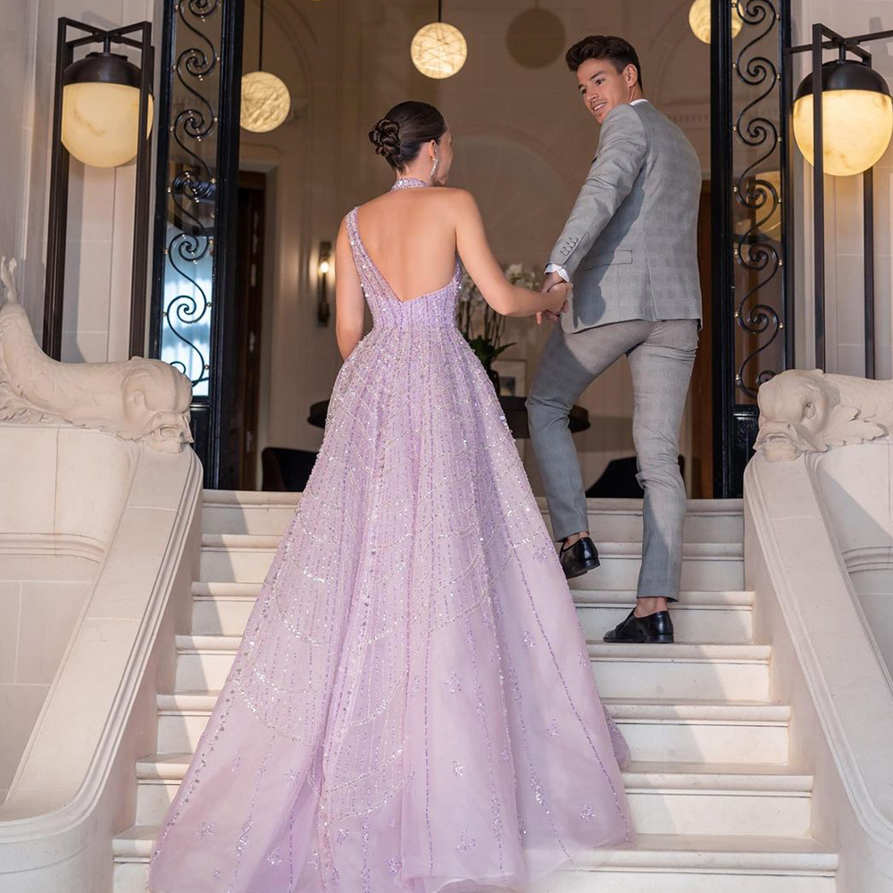 Luxury Beaded Dubai Lilac Prom Dresses Sequin A Line Evening Gown Organza Ruffles Asymmetrical robe de soiree Special Occasion Dress