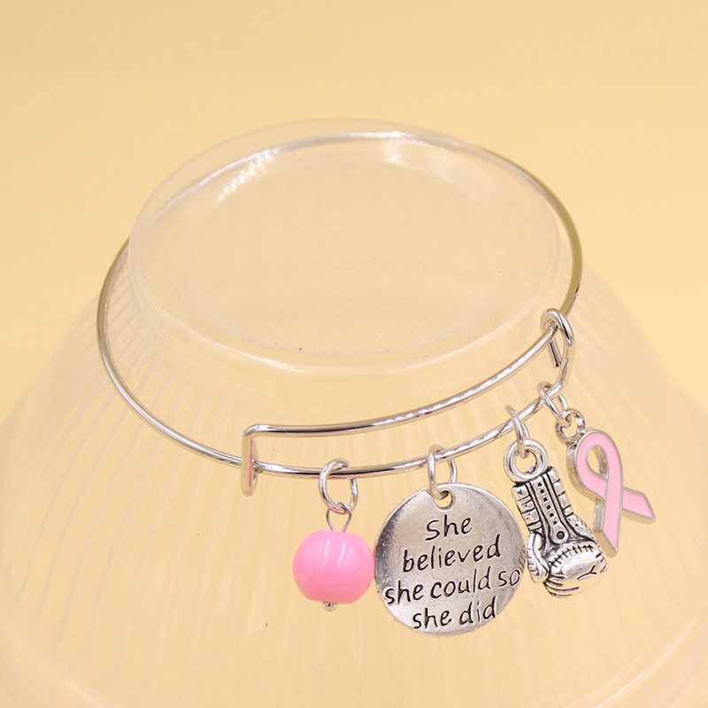 Wholesale Motivational Awareness Jewelry Breast Cancer Bracelet Brave Warrior She Believed Never Give up Charms Bangle Pulseras