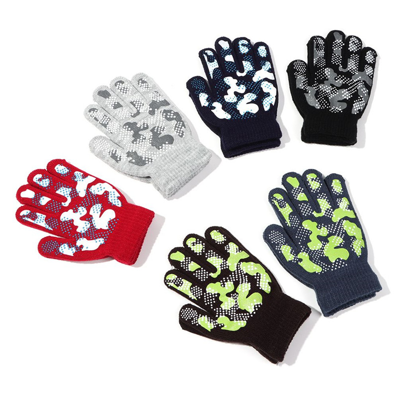 Warm Children's Winter Warm Knitted Gloves Kid Boy Girl Outdoor Sports Non-slip Camouflage PVC Offset Gloves for 5-11Y