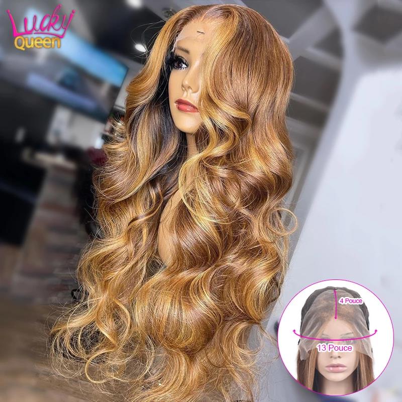 Black Honey Blonde Body Wave 13X6 Transparent PrePlucked Highlight Colored Lace Frontal Remy Human Hair Wig For Women