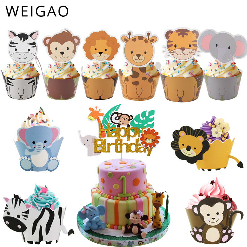 Evento Decoración del pastel Weigao Safari Jungle Party Animal Cupcake Wrapper Cake Topper Tortas de cumpleaños Decoración de niños Baby Sho ...