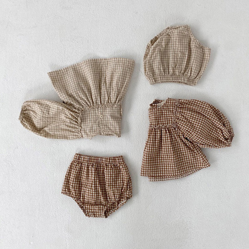 Conjuntos de roupas para meninas meninas meninas meninas roupas pequenas roupas de menina xadrez de roupas de manga de manga de sopa Blusa Bloomer roupas de criança 220916