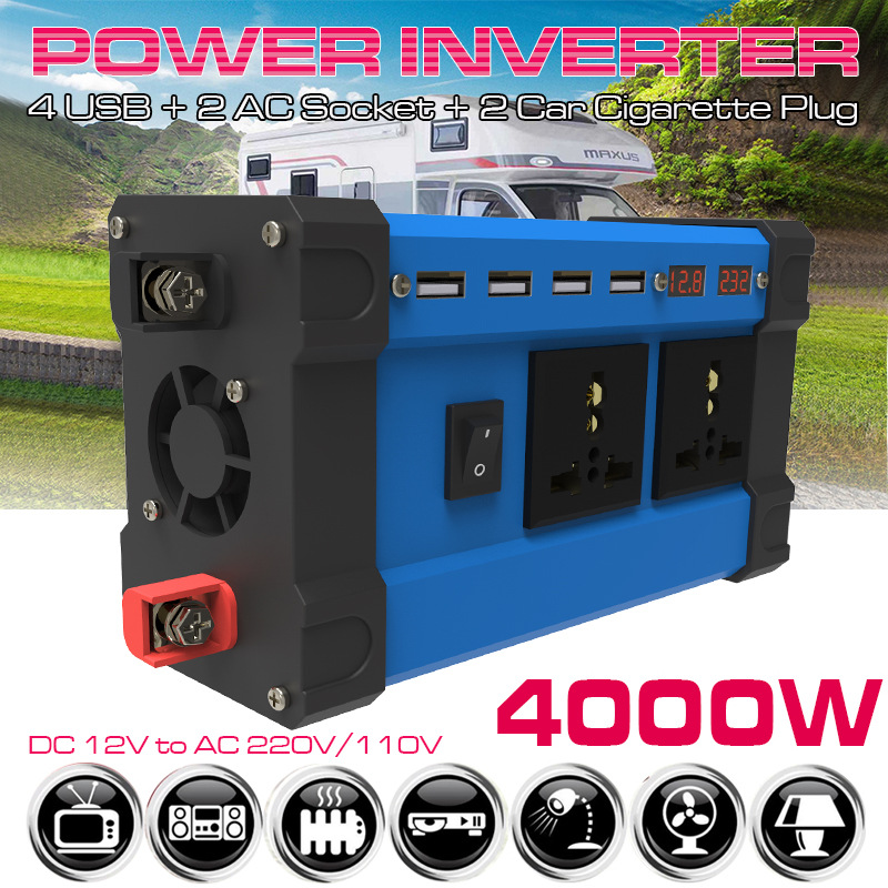 Onduleur de puissance de voiture 4000W 12V 220V 110V DC à AC, chargeur 4usb 4,2a, convertisseur d'onde sinusoïdale, affichage multicolore