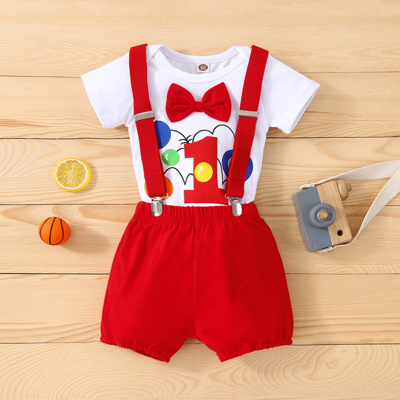 Kledingsets 1 jaar Baby Boy Birthday Romper Set Kleding Kindermeisje Cartoon Dot Afdrukken Suspender Shorts Party Outfits Peuterkostuum 12m 220916