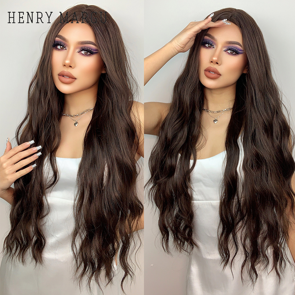 Hårsyntetiska Henry Margu Long Brown Wavy Synthetic s Middle Part Natural Curly Wig Black Women Cosplay Daily Heat Motent Fa ...