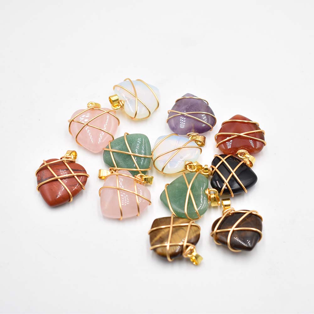 Gold Color Wire Wrap Heart Shape Charms Natural Stone Mixed Pendants for Jewelry Accessories Making Wholesale