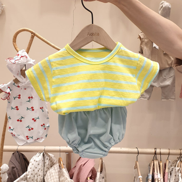 Conjuntos de roupas para meninos meninas meninas listradas conjuntos de verão algodão casual camise