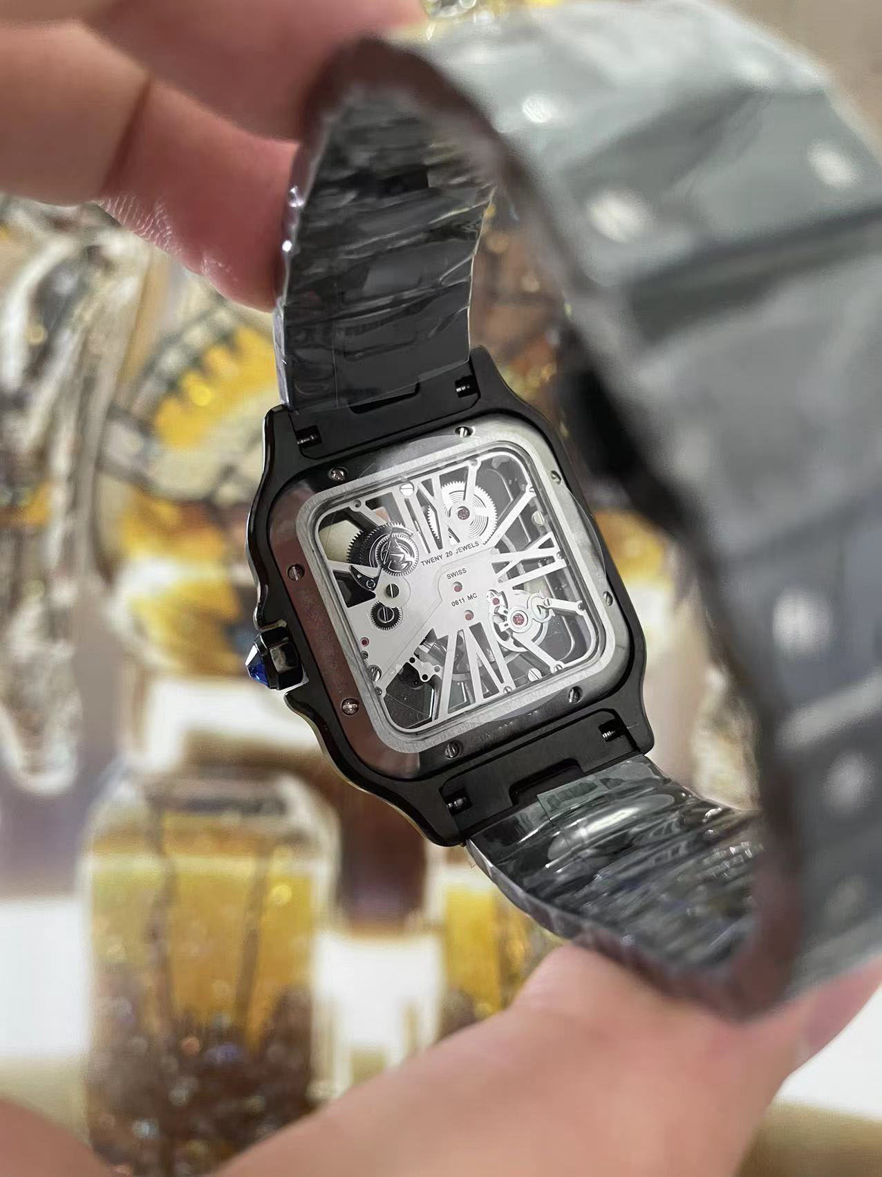 Relógios de esqueleto de alta qualidade inteiros para movimento de quartzo vidro safira preto aço inoxidável Strap275o