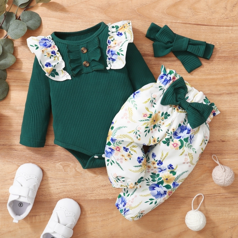 Kledingsets Baywell Autumn Born Baby Girl Clothing Set Ruffled Sleeve Romper Topfloral Print Pantsheadband Infant Deskleding 220916