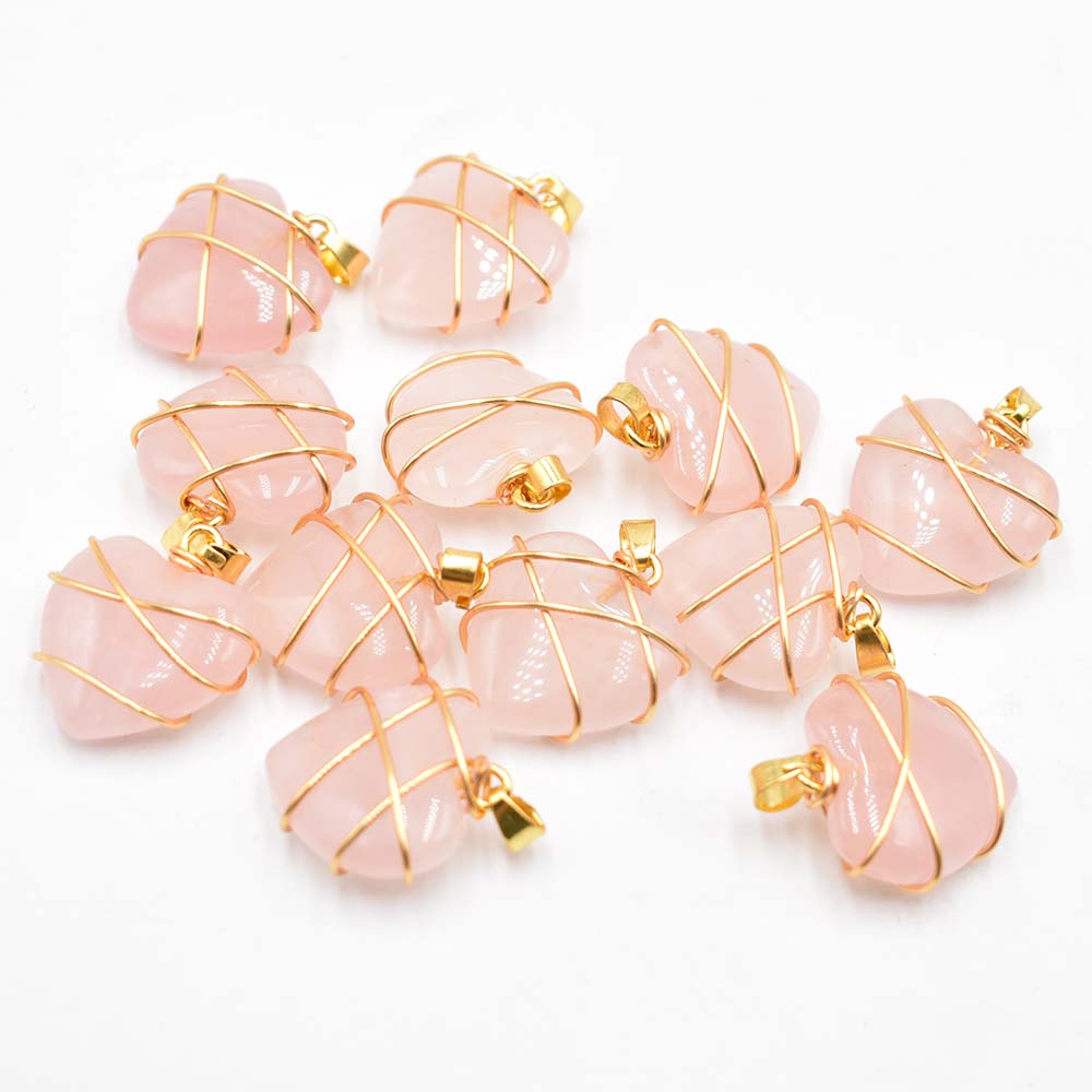 Gold Color Wire Wrap Heart Shape Charms Natural Stone Mixed Pendants for Jewelry Accessories Making Wholesale