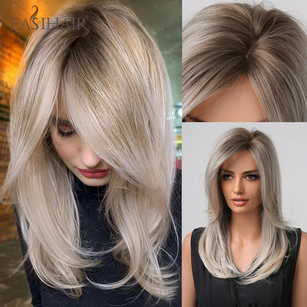 Hairsintético preto easihair comprimento médio reto prateado prata lateral lateral bata cabelos mulheres diárias cinzas de cosplay resistente ao calor