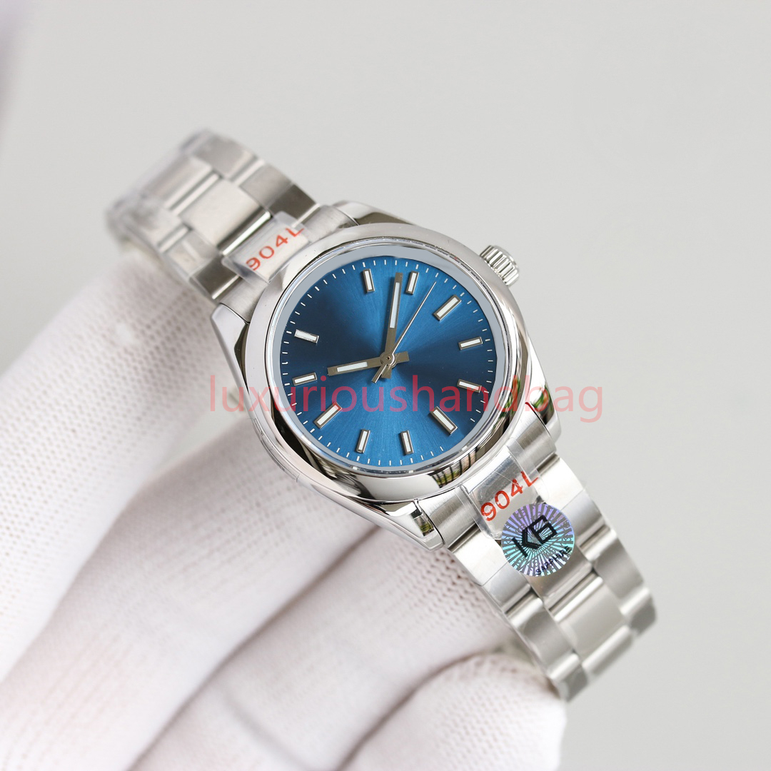 Montre femme cadran bleu 31 mm résistant aux rayures cristal bleu acier inoxydable petite fenêtre lentille convexe jour date entièrement automatique machi307m