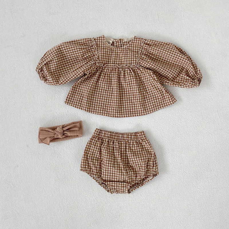 Conjuntos de roupas para meninas meninas meninas meninas roupas pequenas roupas de menina xadrez de roupas de manga de manga de sopa Blusa Bloomer roupas de criança 220916