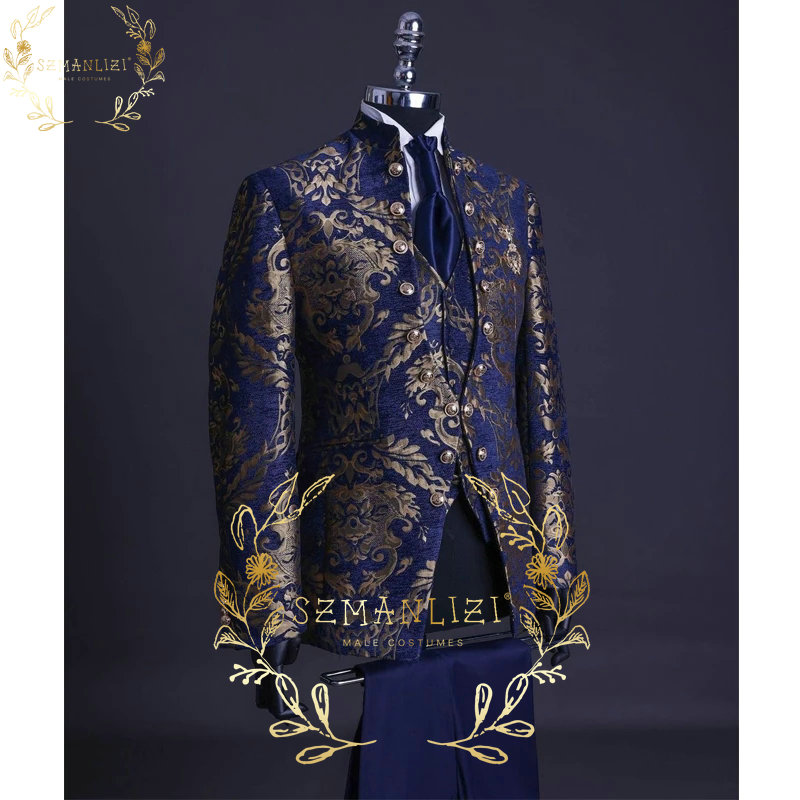 Beau bleu or Floral jante scène hommes Costume ensemble col montant hommes costumes de mariage formel marié smoking Costume veste pantalon gilet