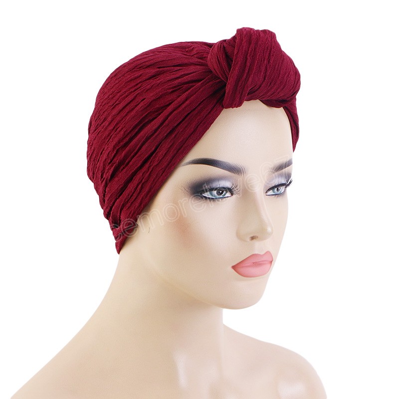 패션 여성 터번 모자 매듭 묶인 주름 머리 머리 랩 무슬림 헤드 스카프 인도 모자 단색 밤 수면 이발 히잡 화학 모자