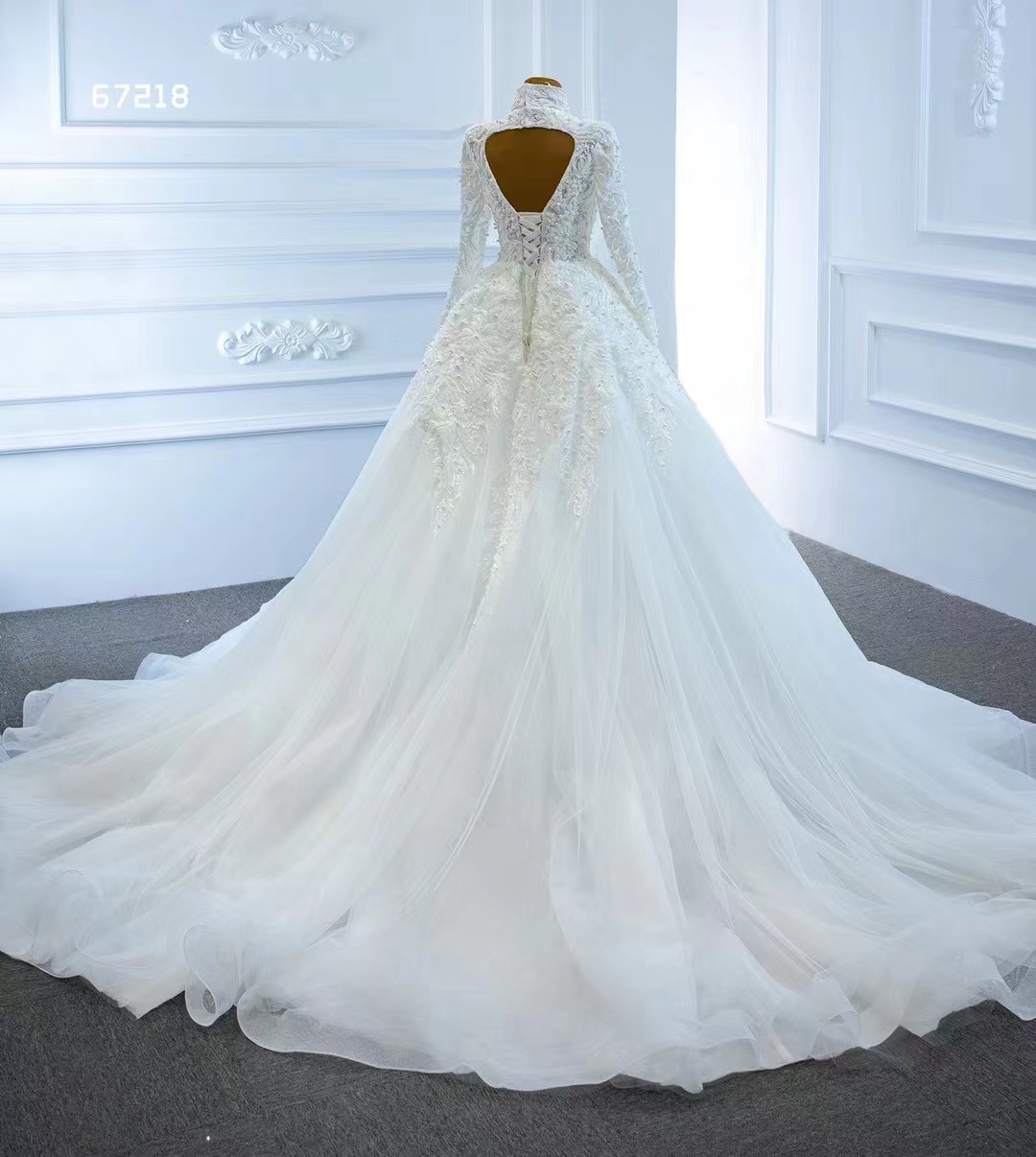 Sjöjungfrun bröllopsklänning underbar höghals långärmad spets lace löstagbar tåg brudklänningar SM67218