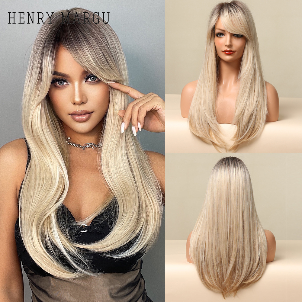 HairSynthetic s Black HENRY MARGU Ombre Brown Platinum Blonde Long Straight Natural Daily Lolita Synthetic Wig with Bangs Women ...