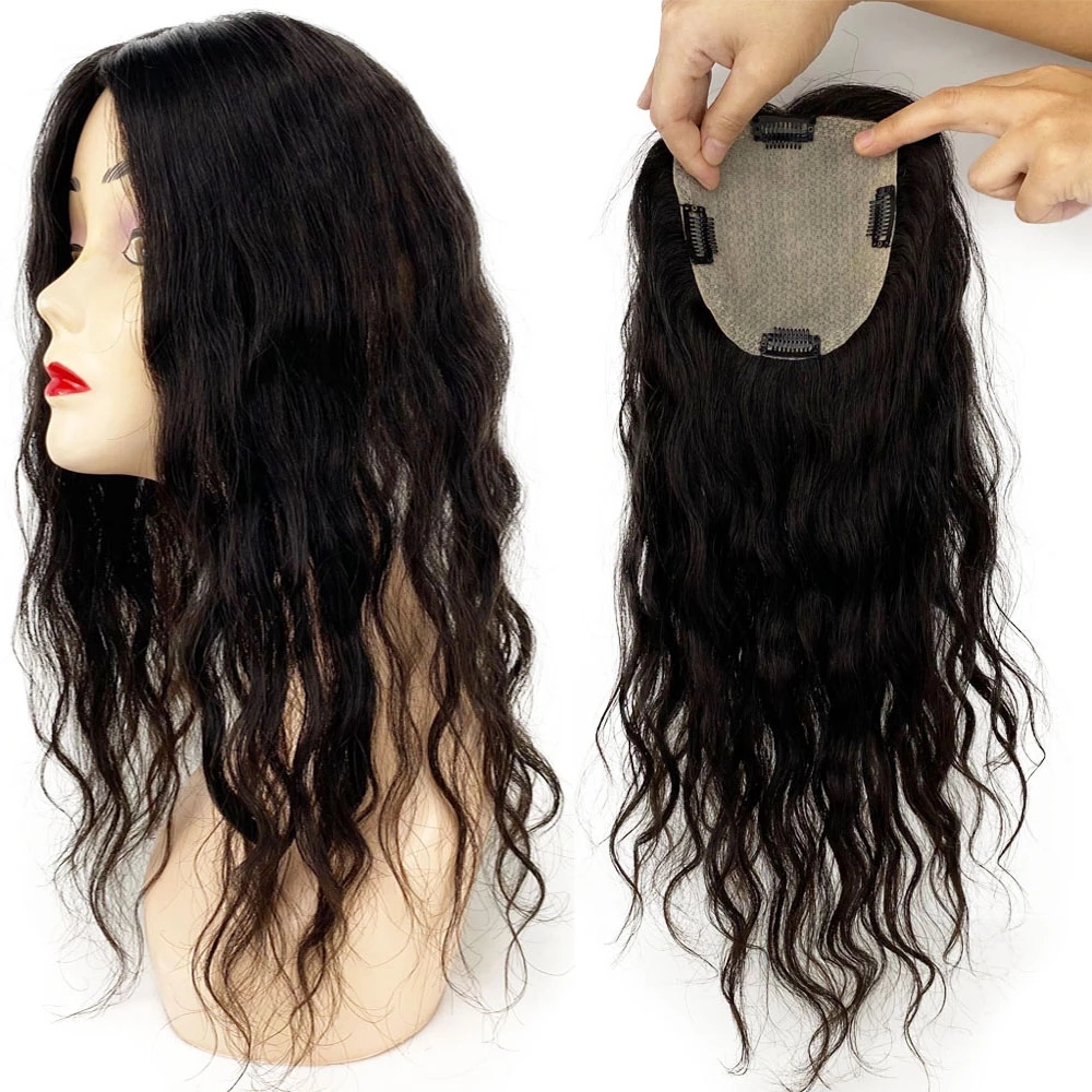Silk Skin Base Human Hair Topper for women With 4 Clips wavy Silk Top Virgin brazilian Hair Toupee Fine Hairpiece 15X16CM 6x6" natural flexible light weight