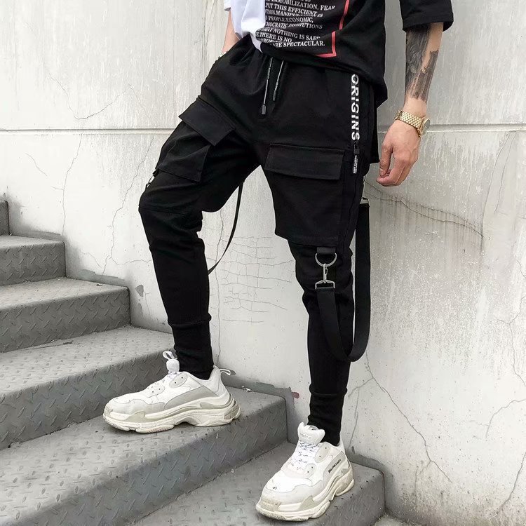 Godlikeu Summer Hip Hop Pants Men's Korean Trend Skinny Ribbons Cargo Black Byxor