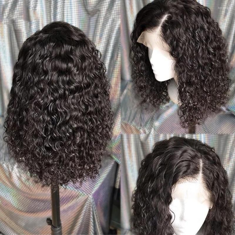 360 150% Curto Bob Curly Perucas de Cabelo Humano para Mulheres Negras Brasileira Remy 13x1 T Parte Água Deep Wave Lace Frontal Peruca com Cabelo de Bebê