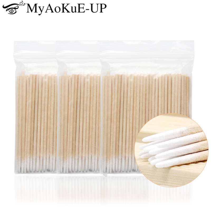 Sanitary Paper 300pcs Disposable Ultra small Cotton Free Micro Brushes Wood Cotton Buds Swabs Eyelash Extension Glue Removing Tools