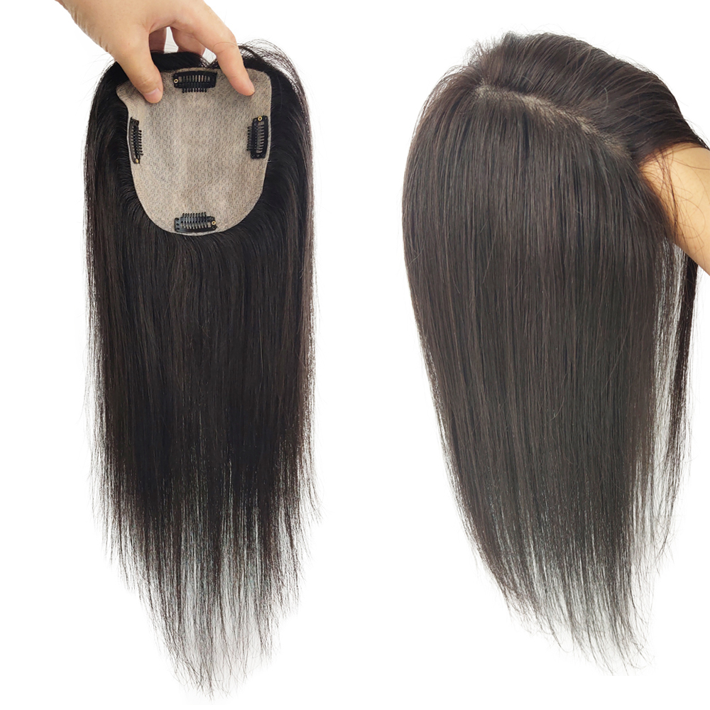 Skin Base Human Hair Topper 4 개의 클립에 실크 탑 버진 유럽 머리카락을위한 여성용 고급 헤어 피스 12x13cm 15x16cm