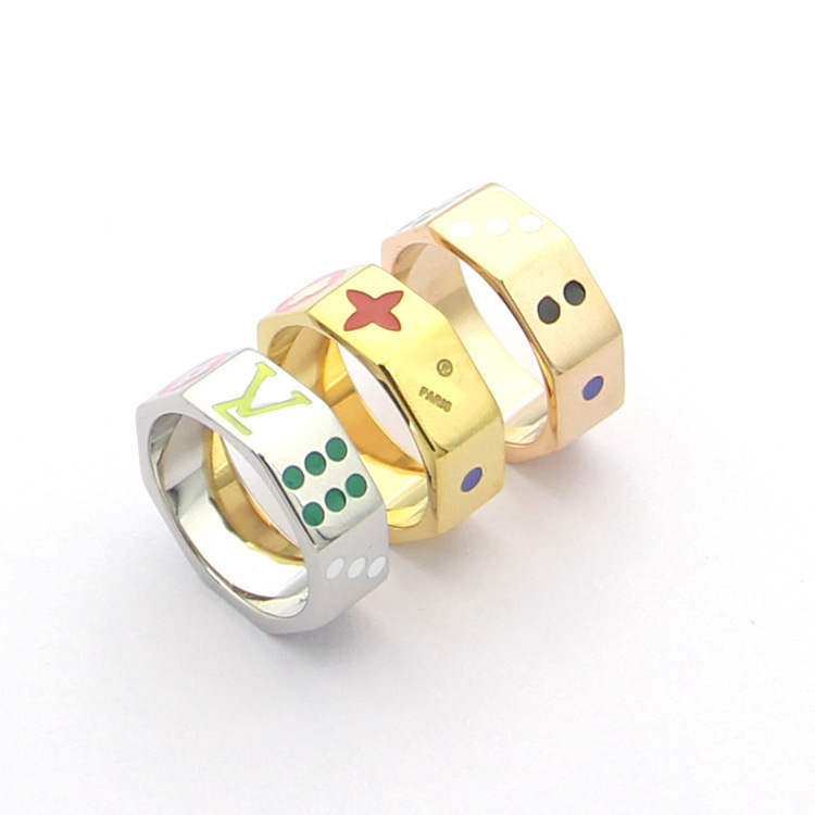 Designer Heren Ring Dames V Letter Lover RVS Octagon Ring Gekleurde Drop Oil Dice Ringen
