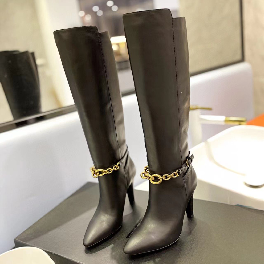 Leather Gold Heel Chain Thigh High Boots Pointed Toe Stretch Suede Winter Chain Boot