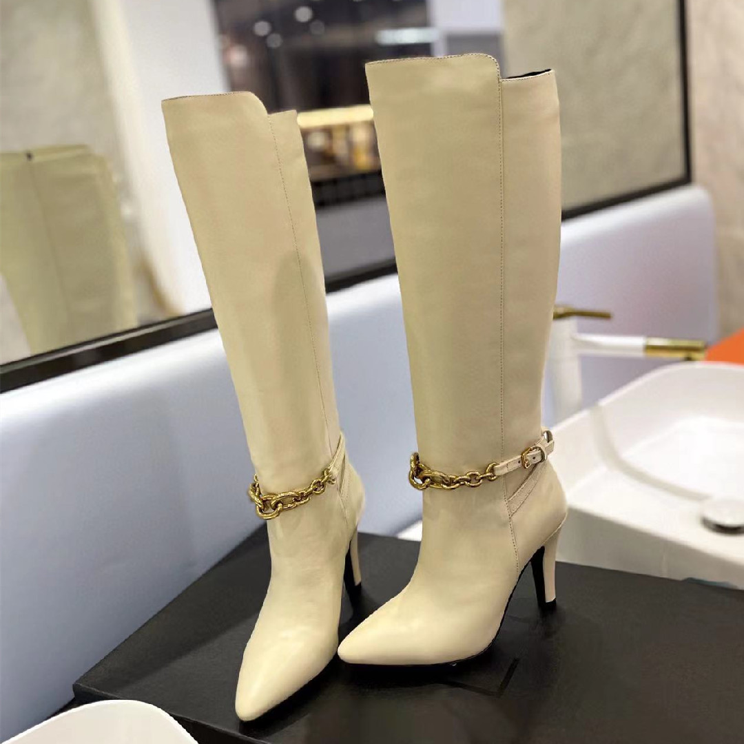 Leather Gold Heel Chain Thigh High Boots Pointed Toe Stretch Suede Winter Chain Boot