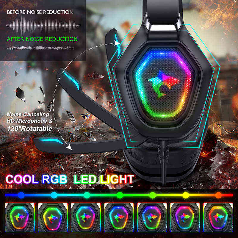 Zestawy słuchawkowe 9D zestaw słuchawkowy PC PC PC Gaming Słuchawki z mikrofonem 50 mm głośnik RGB LED przewodowe słuchawki do telefonu PS4 PS5 T220916