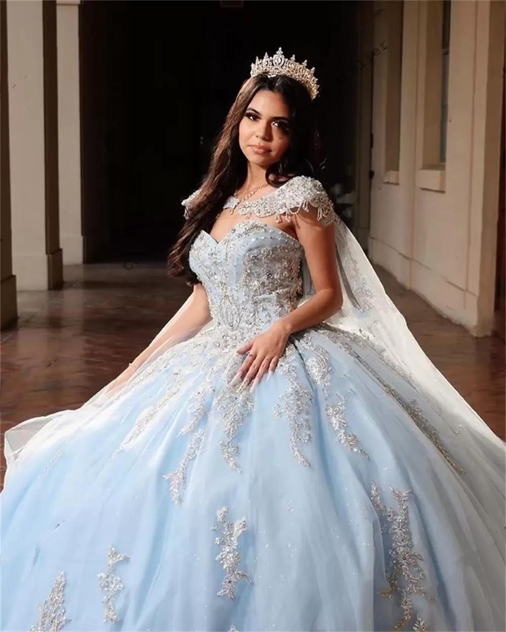 2022 Quinceanera Dresses Sparkly Sequined Lace Ball Gown Sweetheart With Cape Crystal Beads Light Blue Corset Back Tulle Sweet 16 Party Prom Evening Gowns