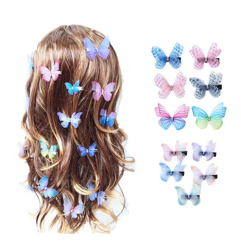 Pince à cheveux papillon en Tulle Double couche avec strass, accessoires pour femmes et filles, épingle à cheveux en gaze, ornements de déguisement