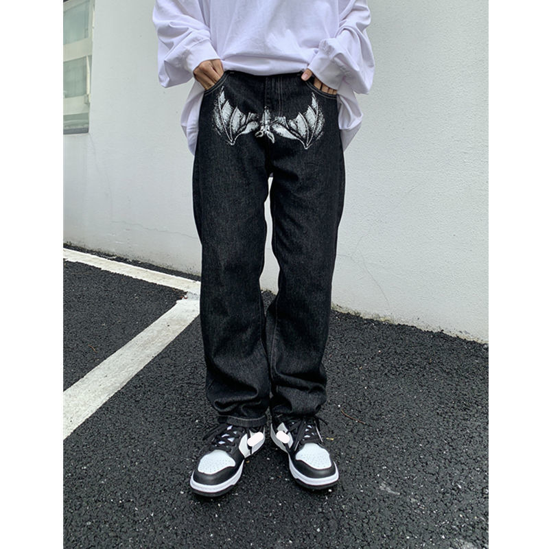 여성 청바지 Y2K 이모 남성 패션 블랙 스트리트웨어 캐주얼 두개골 스트레이트 넓은 다리화물 바지 헐렁한 데님 바지 저지대 대체 옷 220919