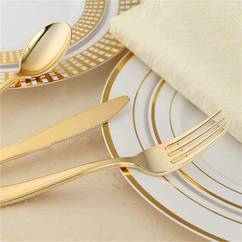 Gold/Silber Einweg Geschirr Gabeln Kunststoff Geschirr Dessert Messer Gabeln Löffel Set Hochzeit Geburtstag Party Decor Versorgung