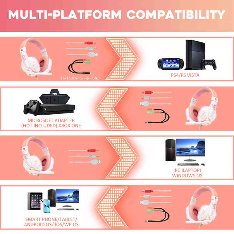 Headsets LED Headset Gamer Girl Wired Headphones With Microphone Noise Cancelling Over Ear Sport Earphones Gaming Headset for Video Game T220916