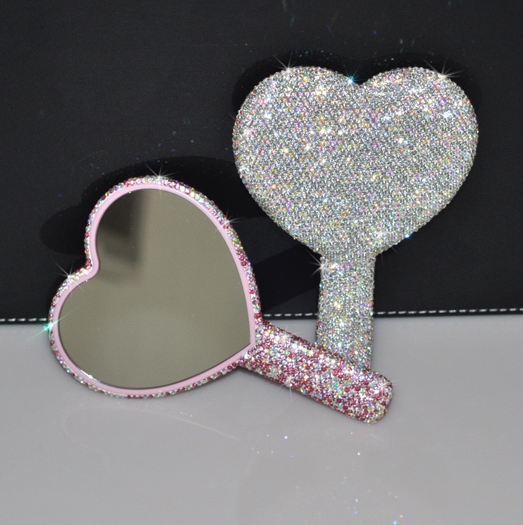 Fashion Crystal Shining Compact Mirrors Heart Shape Glitter Cosmetic Face Mirror Makeup Tools