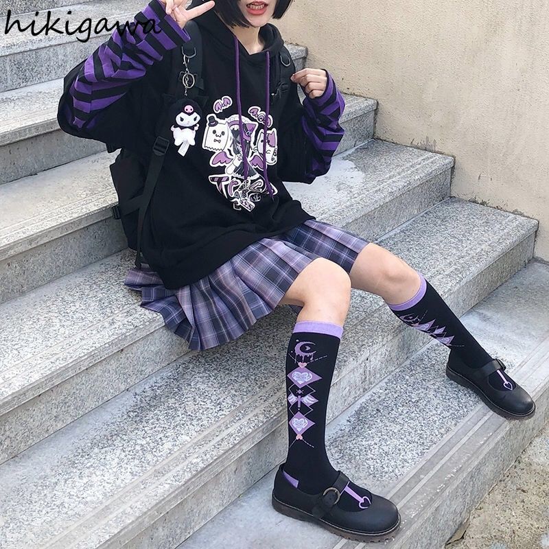 Sweats à capuche pour femmes Sweatshirts Hikigawa Sweat à capuche faux deux pièces sweat à capuche rayé patchwork sweats à capuche femmes vêtements pour adolescents Y2K Anime Harajuku hauts noirs 220919