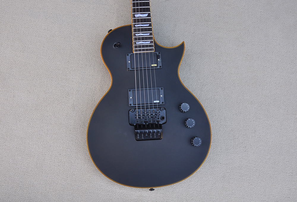 Guitare électrique noire mate personnalisée en usine avec touche en palissandre reliure jaune Double Rock Bridge Black Hardwares peut être personnalisé