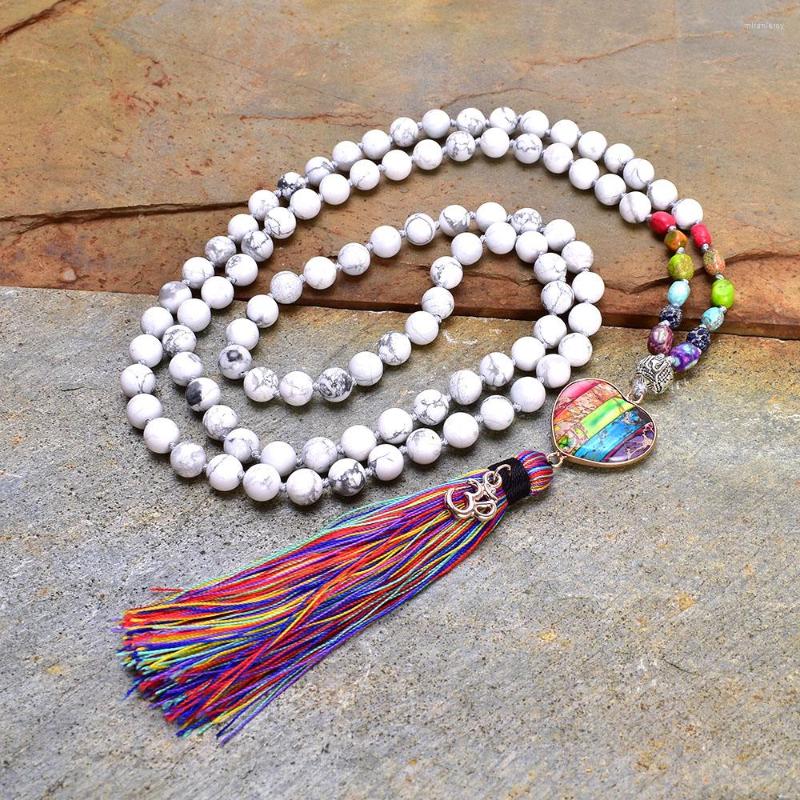 Pendant Necklaces Rainbow Natural Stones Chakra Heart-shaped Om Charm Tassel Necklace Women 108 Mala Rosary Knotted Jewelry227m