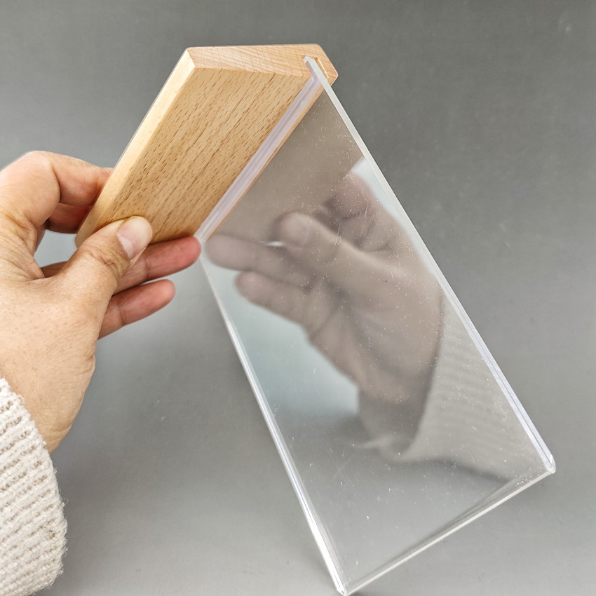 Suministros minoristas de plástico acrílico l stand marco de la etiqueta de la tarjeta de pantalla del marco de madera soporte de mesa de madera promoción de publicidad 2 piezas