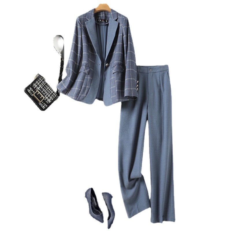 2022 Autumn Blue Plaid Two Piece Pants Setslong Sleeve Notched-Lapel Panelled Blazers Top & Long Pants Suits Set 22S156657