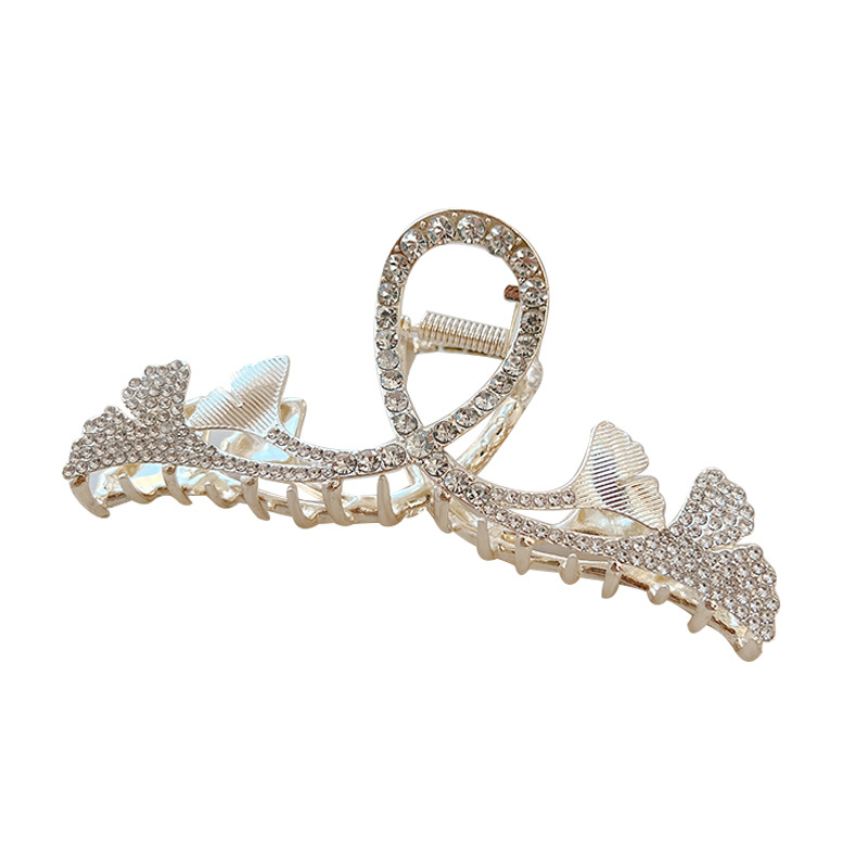 Pinces à cheveux Barrettes nouveau Design créatif 11.5CM pince à cheveux en feuille de Gingko irrégulière griffe en alliage métallique de haute qualité avec perles strass pince de requin