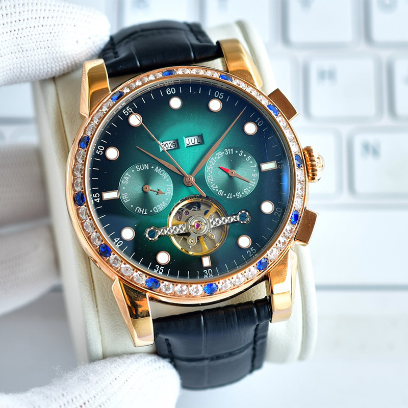 Titta p￥ m￤n klockor automatisk importerad mekanisk r￶relse armbandsur safir armbandsur 42 mm modeklockor l￤derband ih￥ligt ut diamant ram
