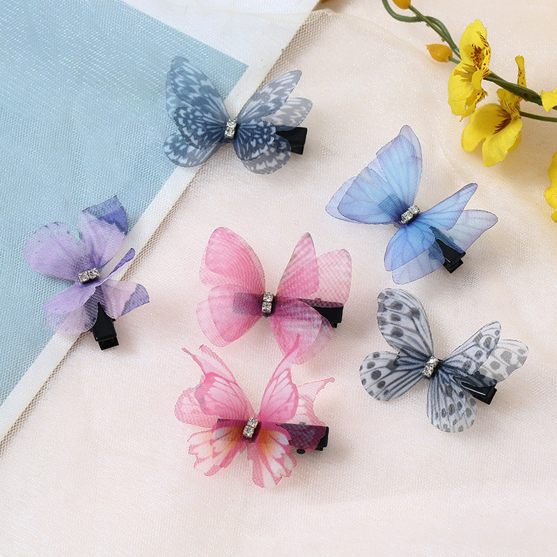 Mode -accessoires 3D dubbele lagen chiffon stof tule vlinders tuindecoratie ambachtelijke bruiloft decor jurk vlinder haarclips