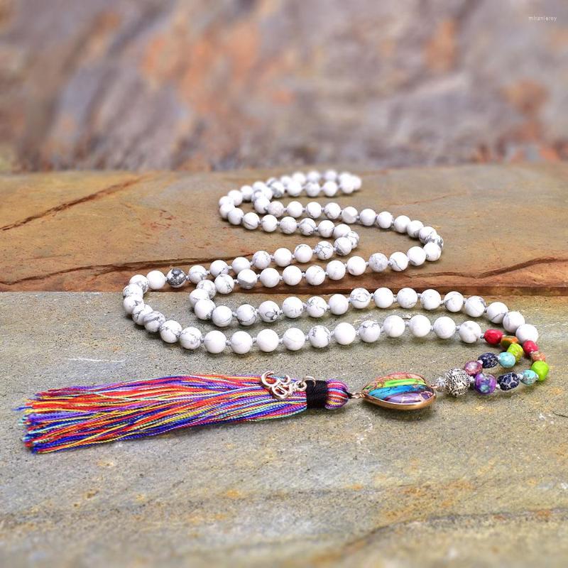 Pendanthalsband Rainbow Natural Stones Chakra Heart-Shaped OM Charm Tassel Necklace Women 108 Mala Rosary Knoted Jewelry272e