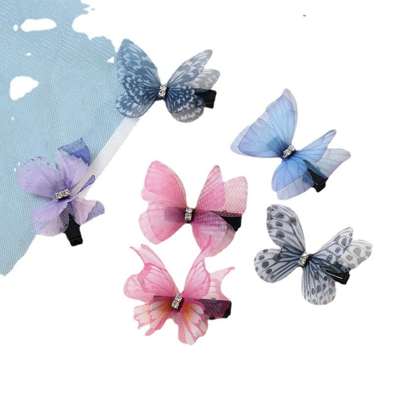 Mode -accessoires 3D dubbele lagen chiffon stof tule vlinders tuindecoratie ambachtelijke bruiloft decor jurk vlinder haarclips