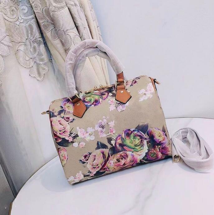 Women Pillow Bag Flower Boston Handbags Tote Bag Purse Crossbody Shloulder Bags Canvas Cowhide Genuine Leather Printing Removable Strap Pouch